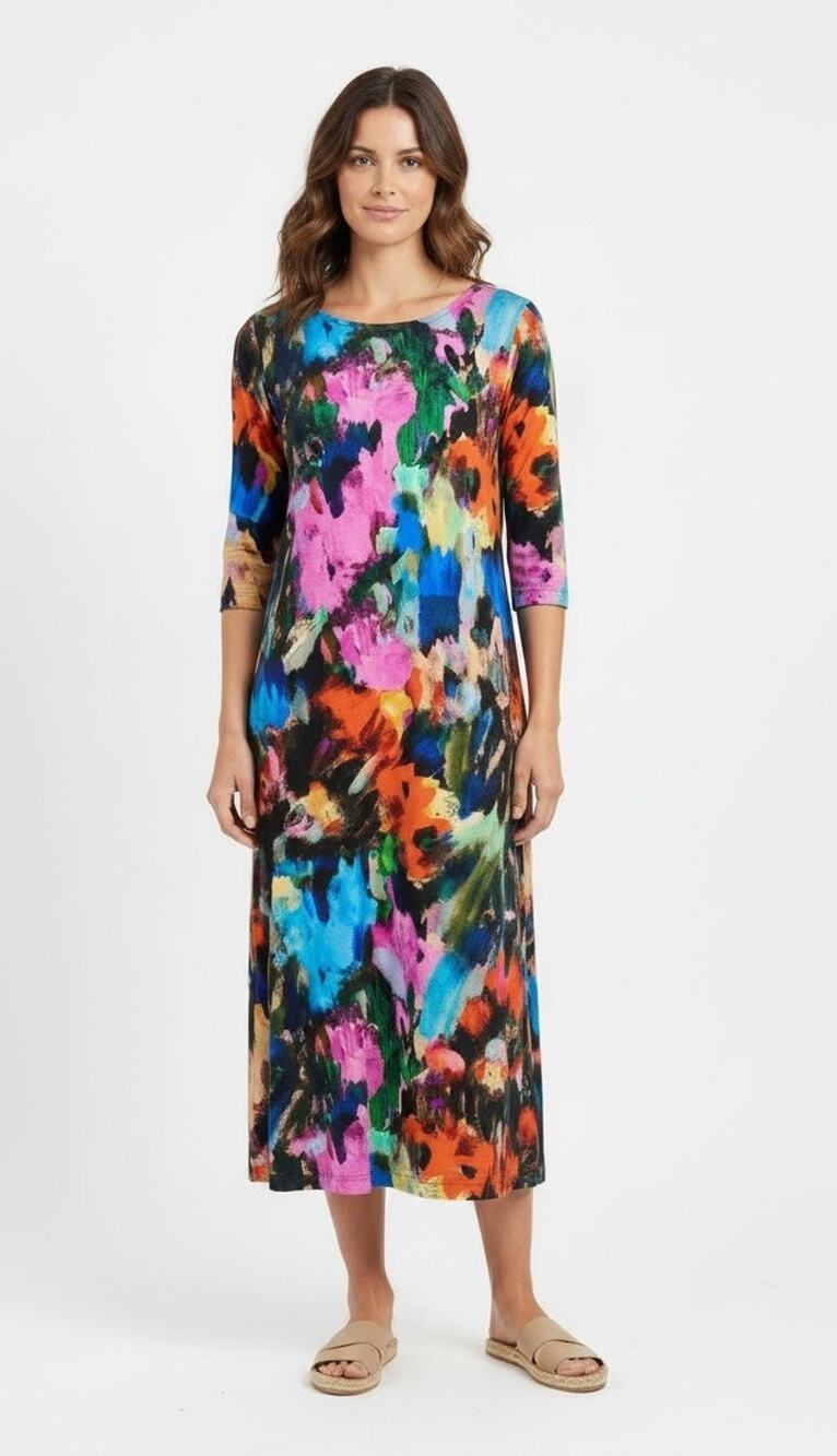 Bryn Walker Size S Colorful Paint Stroke Viscose Stretch Half Sleeve Maxi Dress